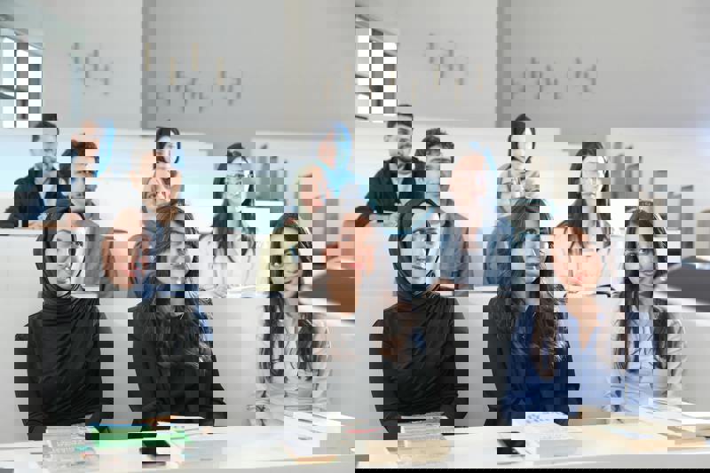 University auditorium with diverse students learning